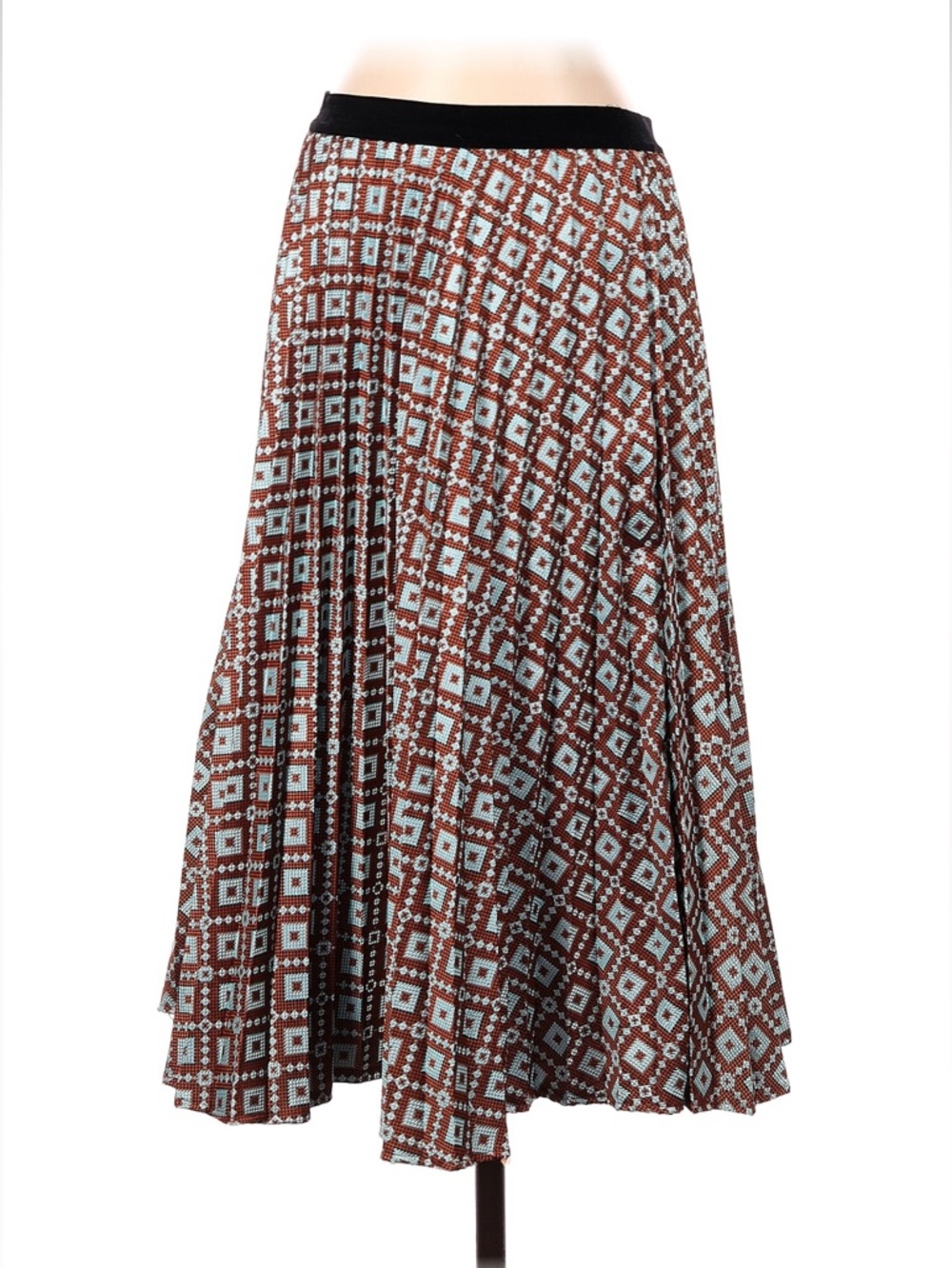 Zara Woman Blue & Brown Geometric Pleated A Line Midi Skirt Size XS